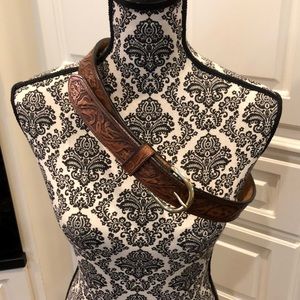 LIKE NEW! Western Leather brown etched BELT w/ secret zipped pocket inside